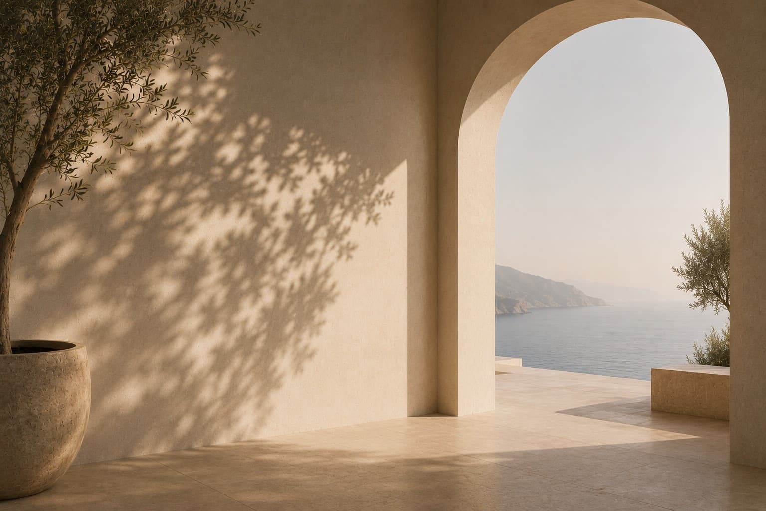 A sunlit archway with an olive tree casting a dappled shadow