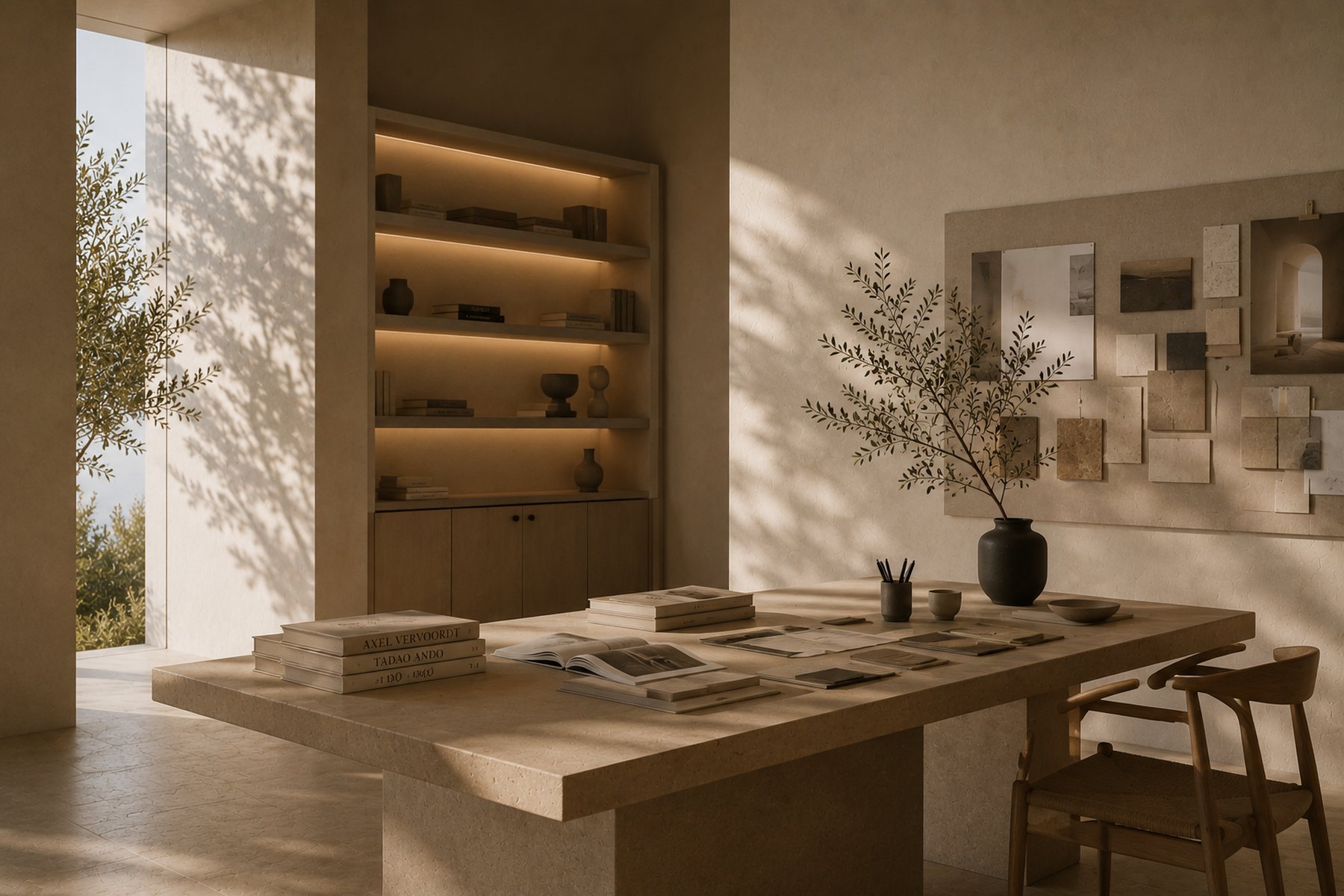 A sunlit design studio table styled with reference books, a curated material board, and an olive branch