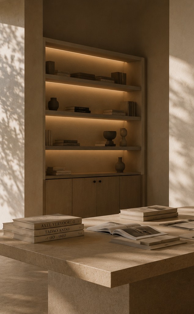 A curated shelf of design books beside a table styled with Axel Vervoordt and Tadao Ando monographs