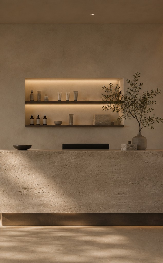 A boutique reception counter with a lit display shelf and an olive branch in a vase