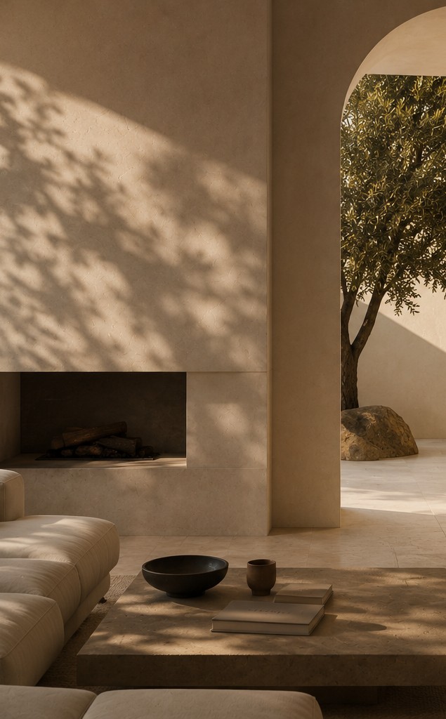 A warm living room with a stone fireplace opening onto an archway framing an olive tree