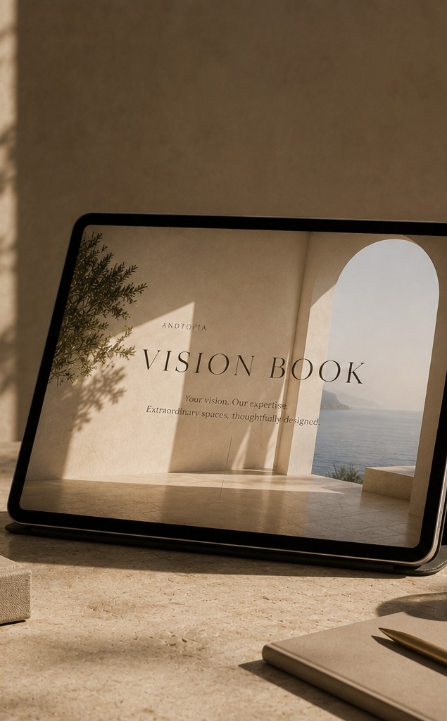 A tablet displaying the Andtopia Vision Book cover, resting on a sunlit stone table