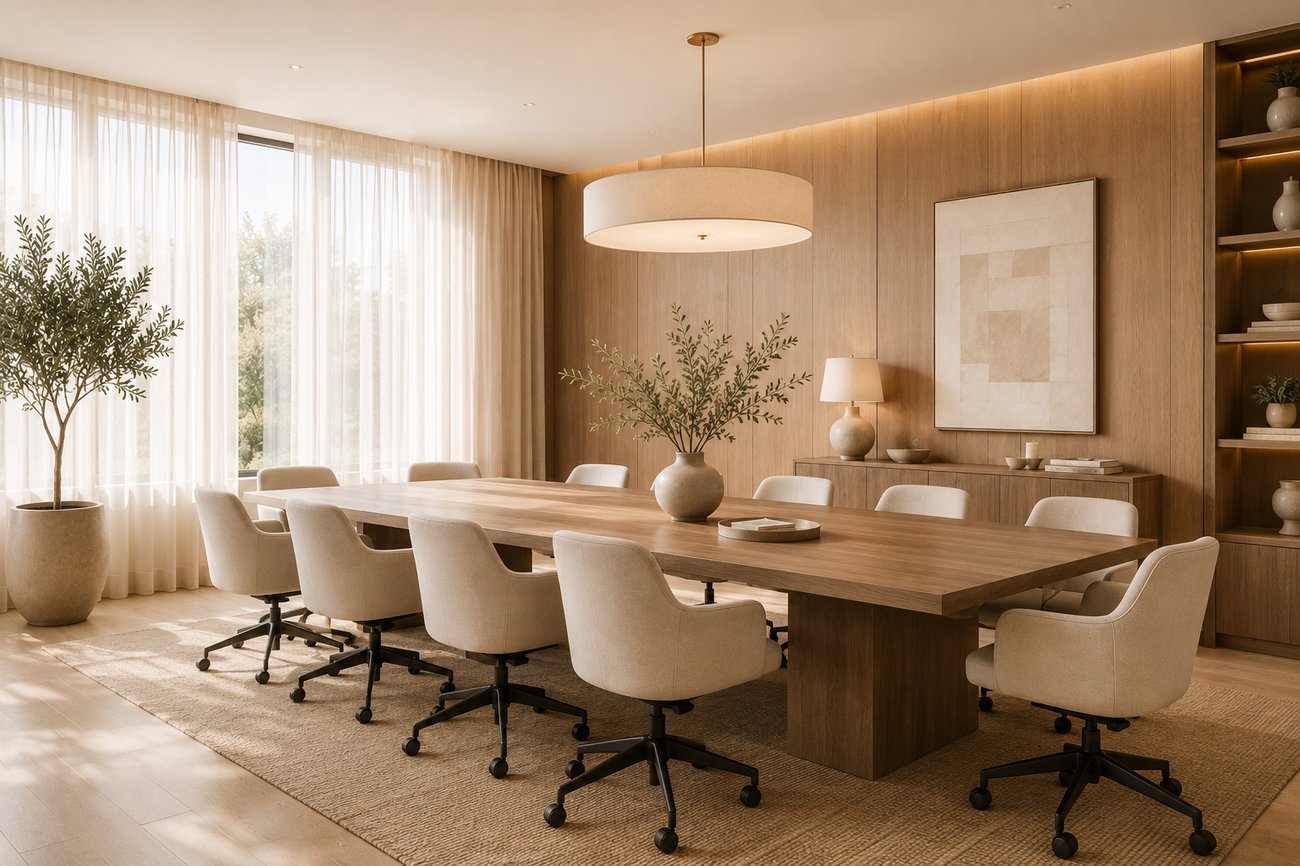 A wood-paneled conference room with a long table, upholstered chairs, and sheer curtains
