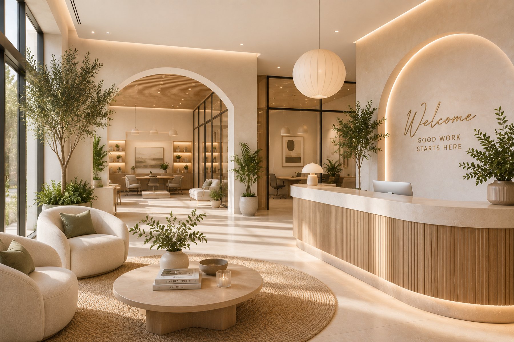 A boutique office lobby with a reception desk, lounge seating, and potted olive trees beneath a glowing welcome wall