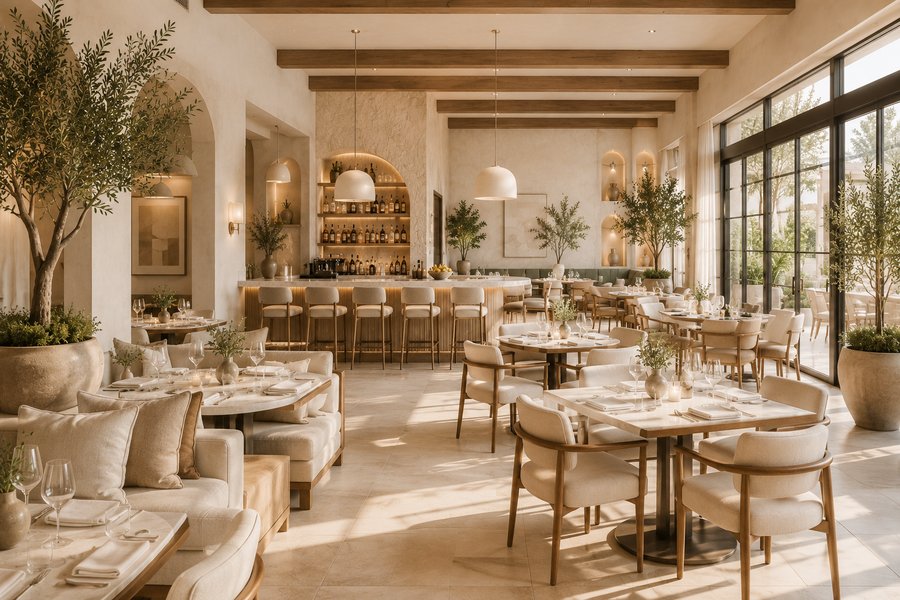 A warm restaurant dining room with pendant lighting and an olive tree