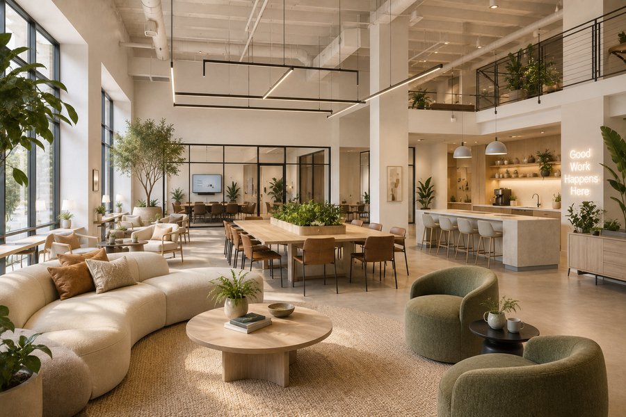 An open-plan office with communal tables, lounge seating, and a glowing neon sign