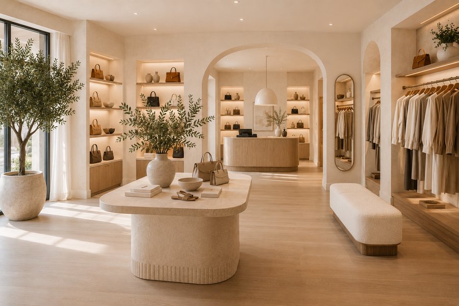 A boutique retail showroom with arched display niches and curated handbags