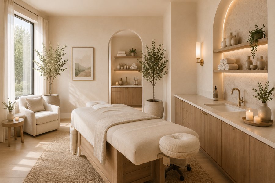 A spa treatment room with a massage table and arched shelving