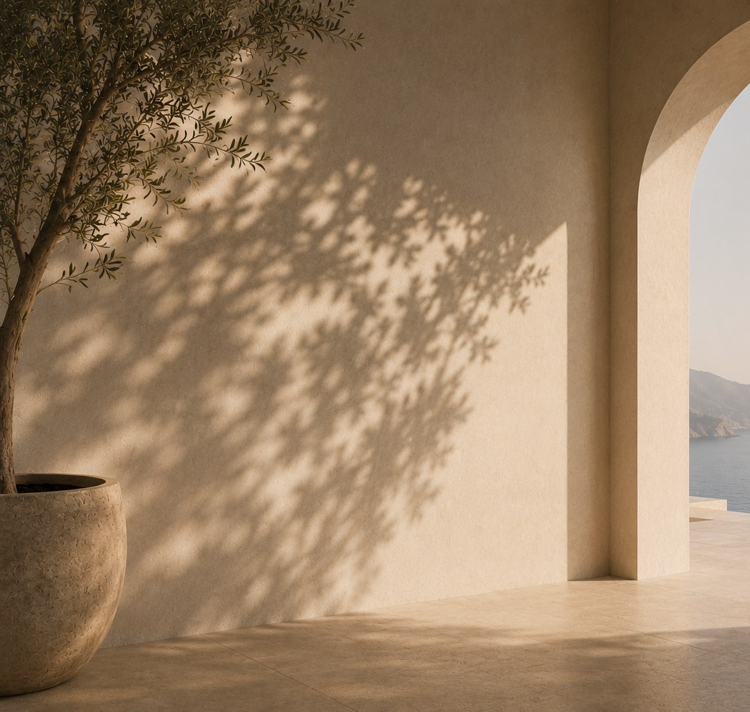 An olive tree in a terracotta pot beside a sunlit archway overlooking the sea