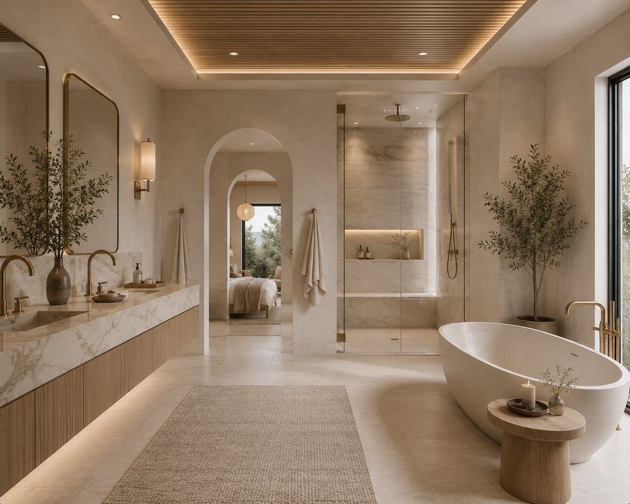 A spa-inspired bathroom with a freestanding tub