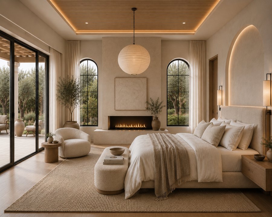 A serene bedroom with a fireplace and arched doorway