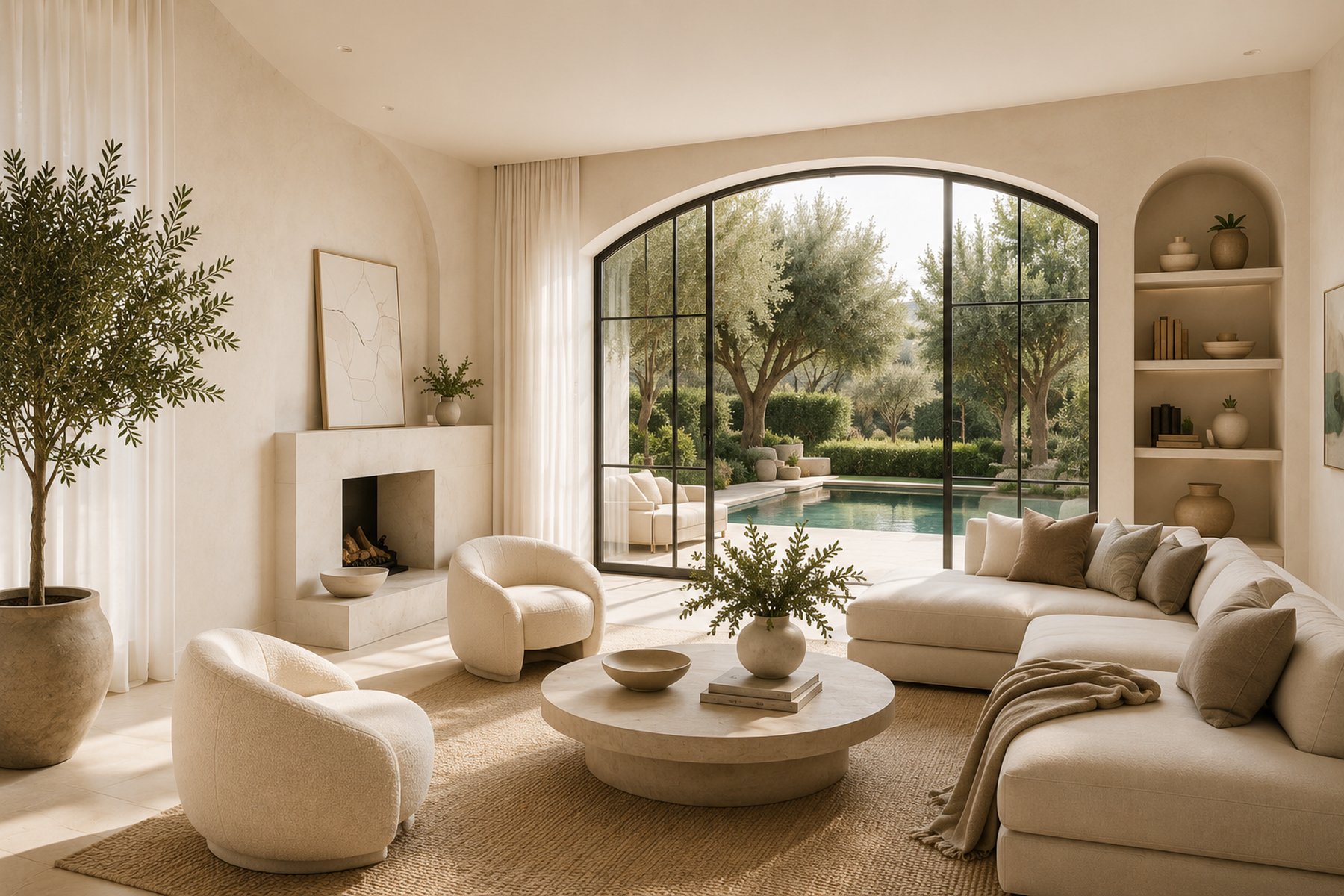 A sunlit living room with linen sofas and a potted olive tree opens through an arched window to a pool and olive grove