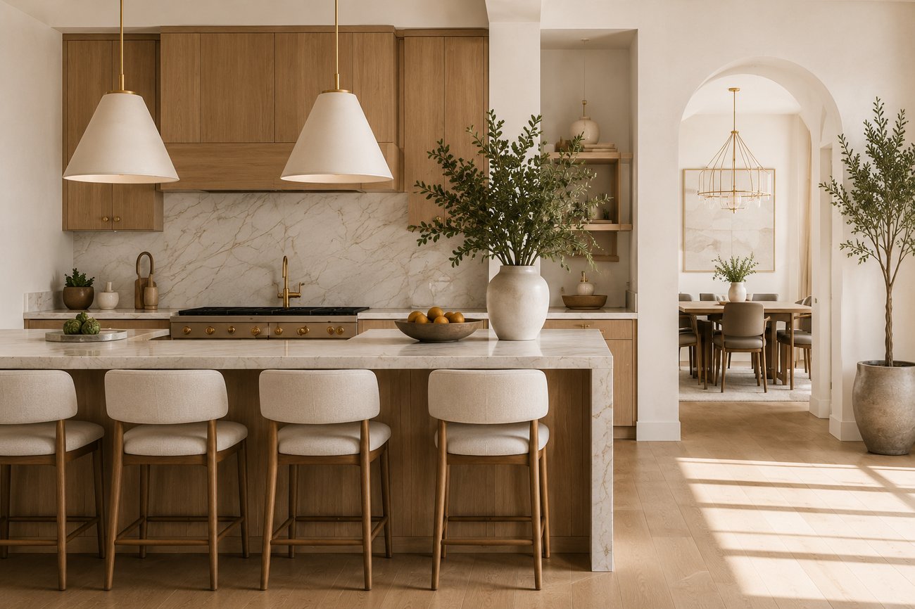 A light oak kitchen island with pendant lighting opens to a sunlit dining area