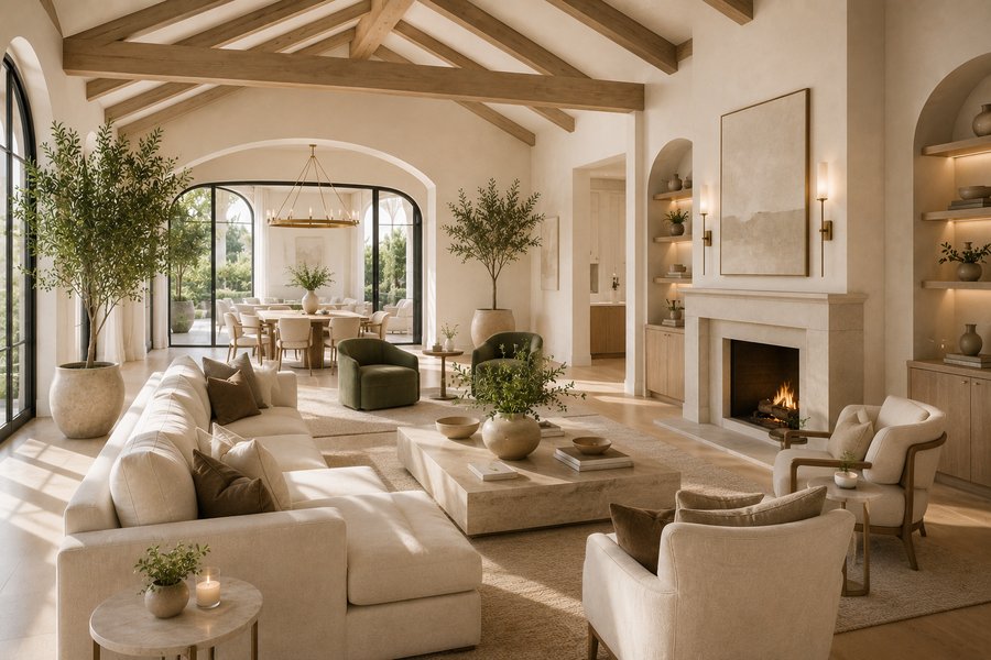 A warm living room with linen sofas and a stone fireplace