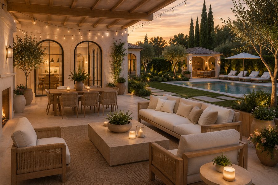 An outdoor living area with a fireplace and dining table