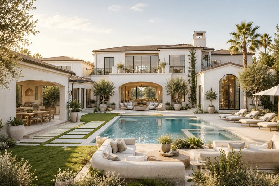 A Mediterranean-style home exterior with a pool at dusk