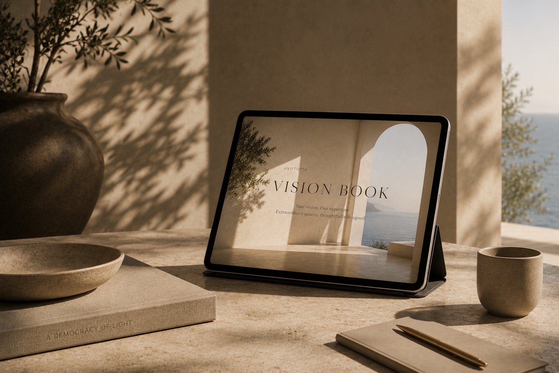 The Andtopia Vision Book displayed on a tablet beside an olive branch
