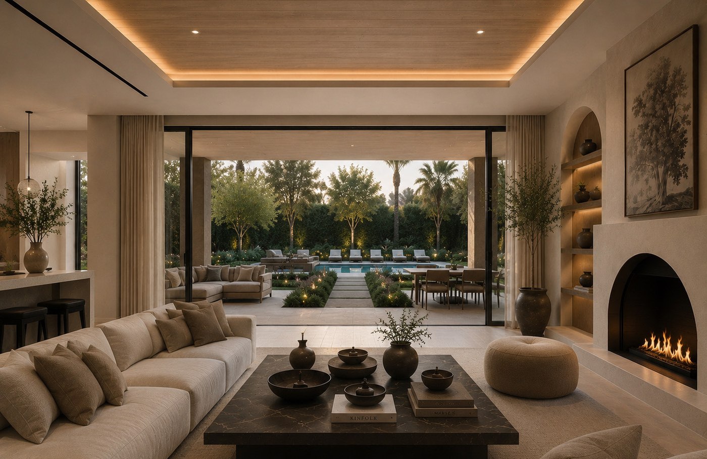 A sunlit great room opens to a garden and pool beyond