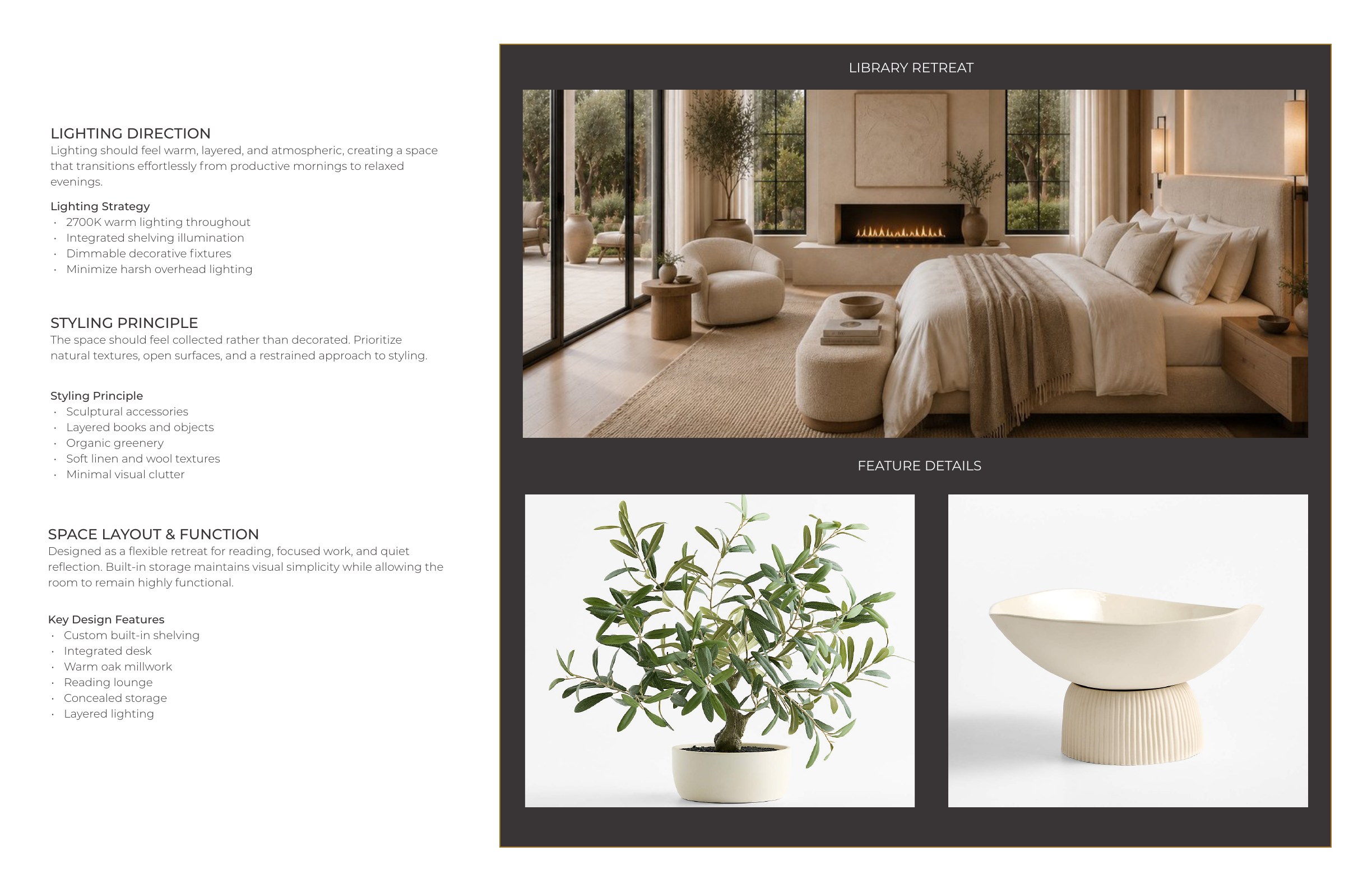 Lighting, styling, and space planning spread